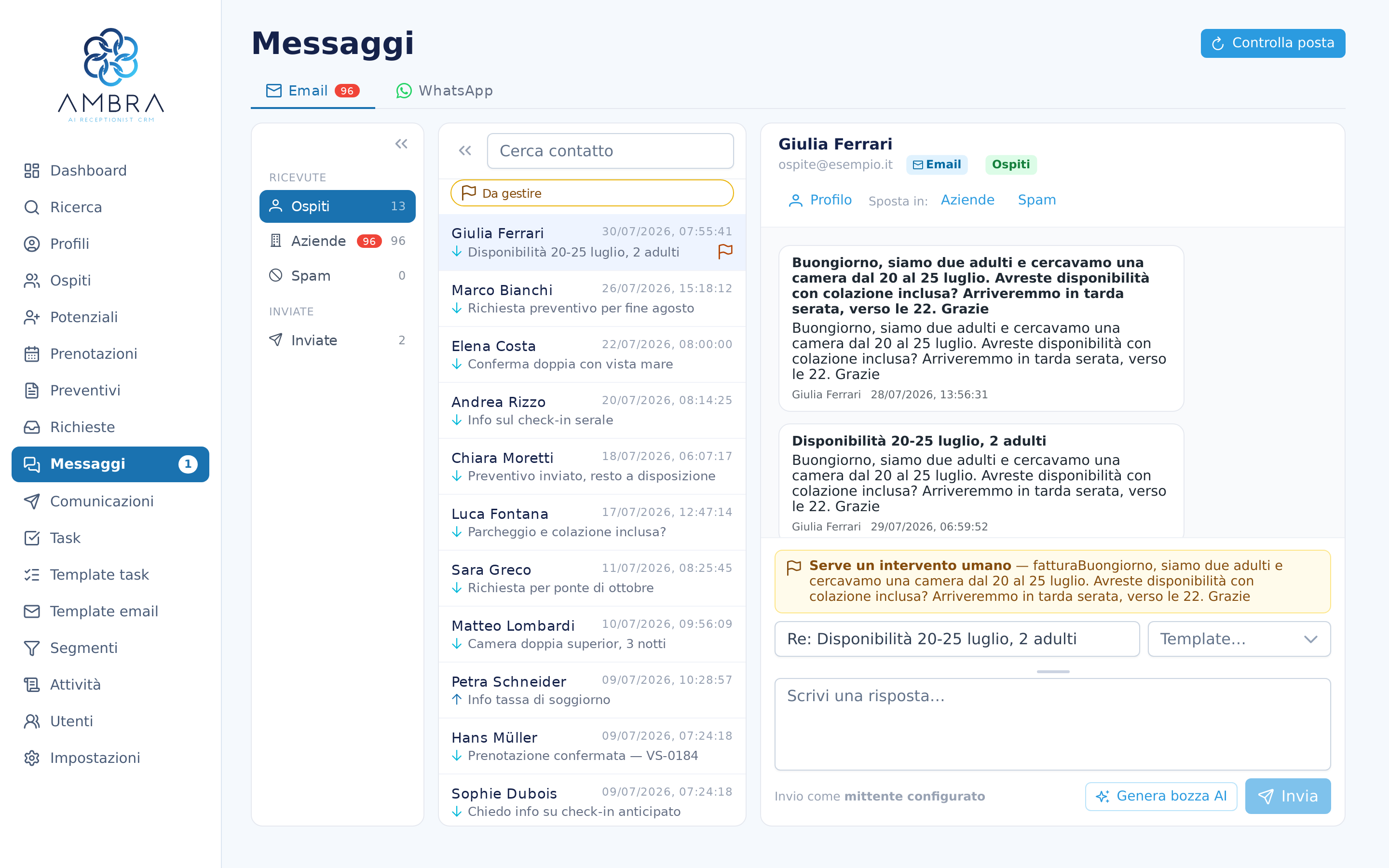 Ambra al lavoro: la richiesta di un'ospite per cinque notti e la risposta già pronta, con camera, prezzo a notte e totale