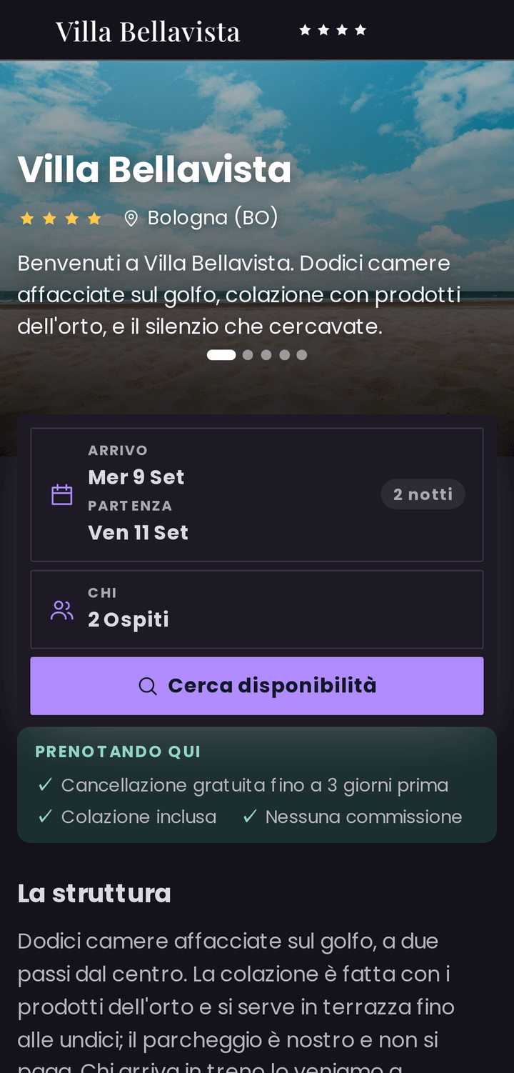 Lo stesso sito in tema scuro con accenti viola, angoli squadrati e nessuna striscia di contatti: la copertina è ridotta a una fascia e il contenuto comincia subito