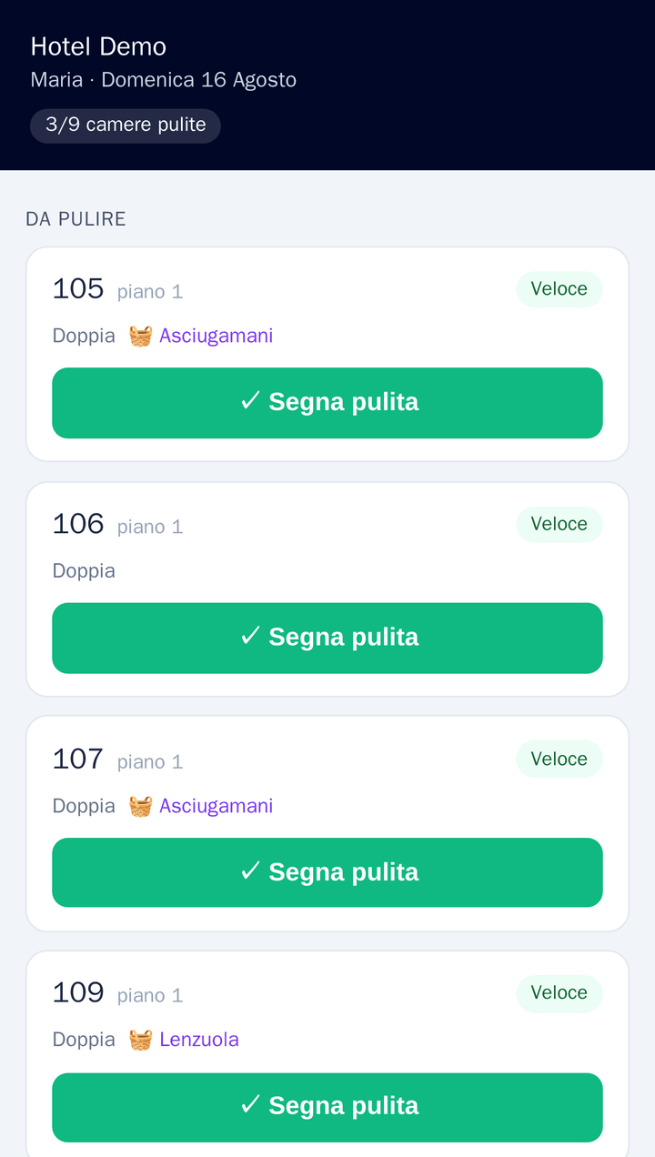 The housekeeping page on a phone: the attendant's name, «3/9 rooms cleaned», and for each room the floor, the type of clean, the linen to change and a «mark as cleaned» button