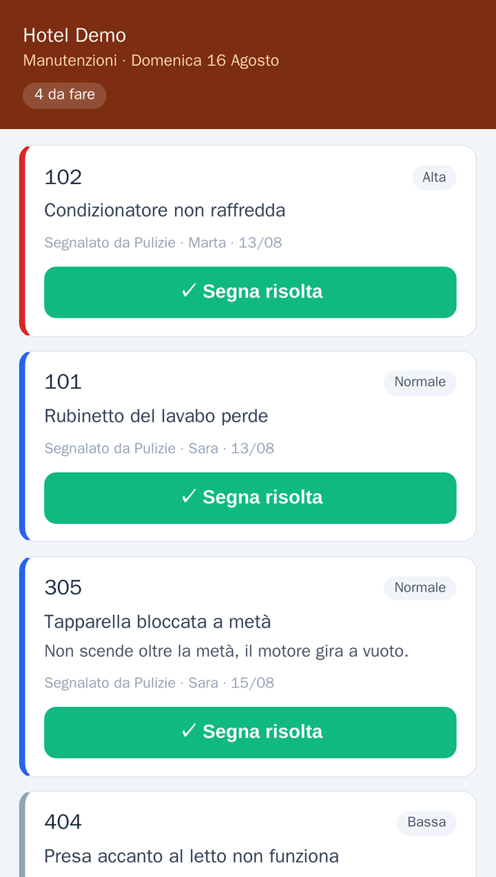 The maintenance technician's page on a phone: the list of open jobs, each with room number, priority, description, who reported it and a «mark as resolved» button